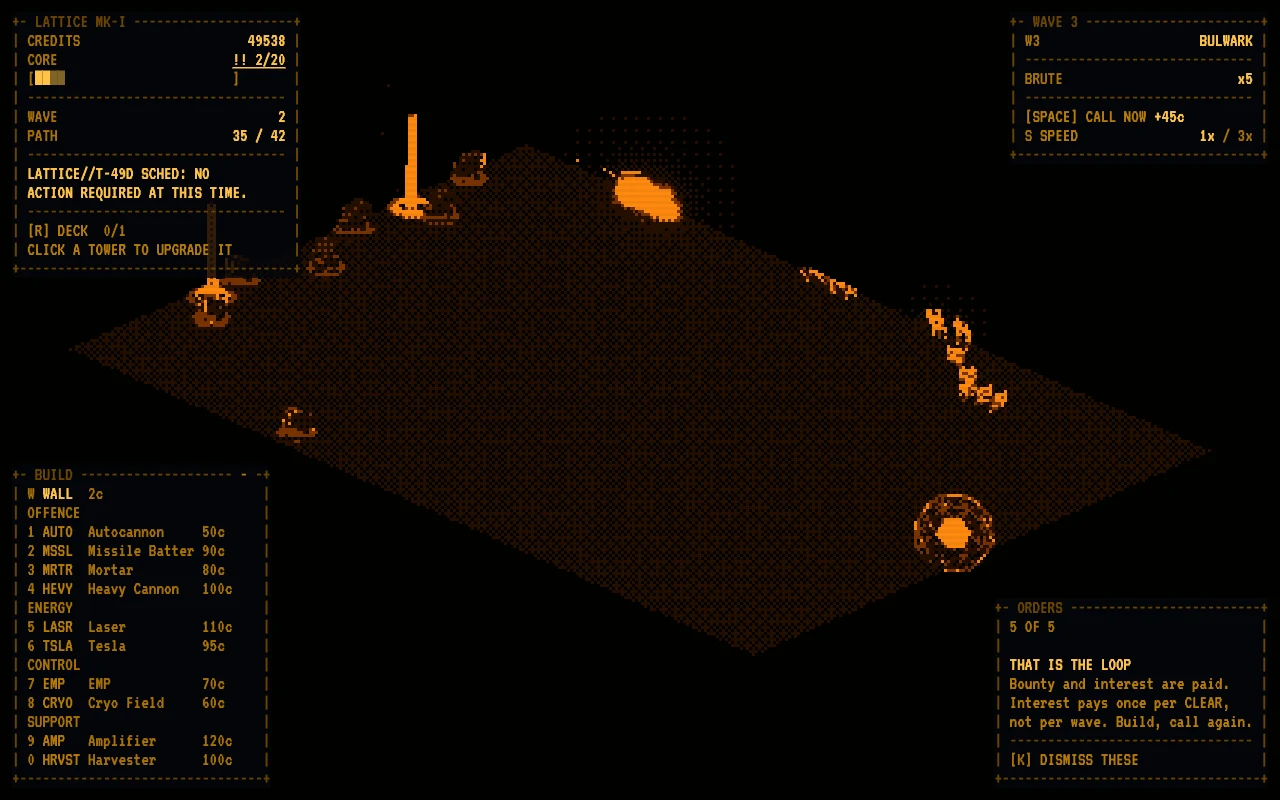 Lattice combat: a dithered amber board mid-explosion