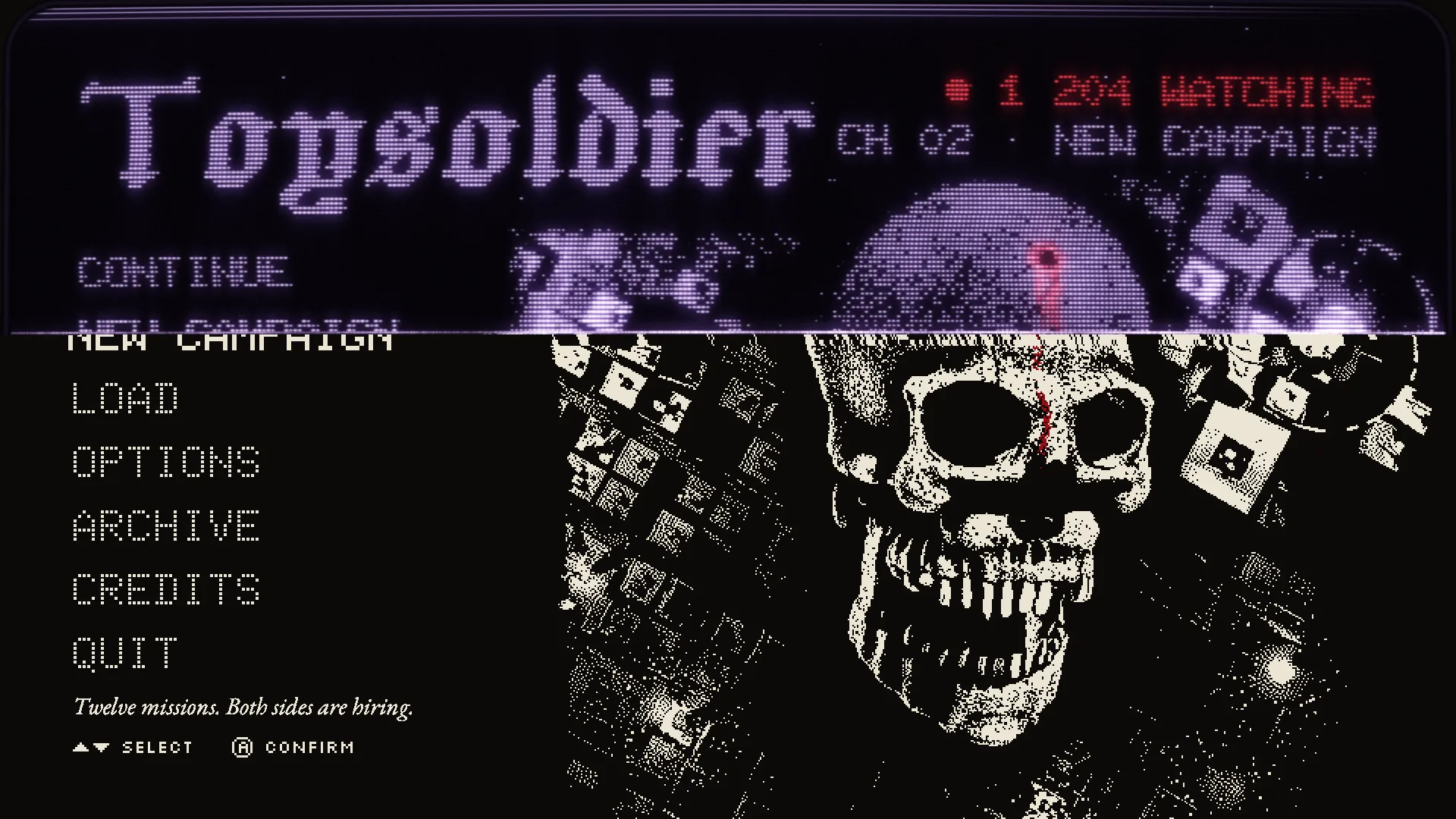 Toy Soldiers main menu: a lilac CRT band torn above a 1-bit engraved skull